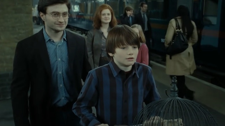 Harry and Ginny with kids, grinning