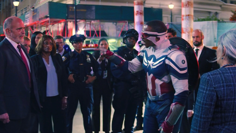 Sam Wilson pointing his finger at the senator