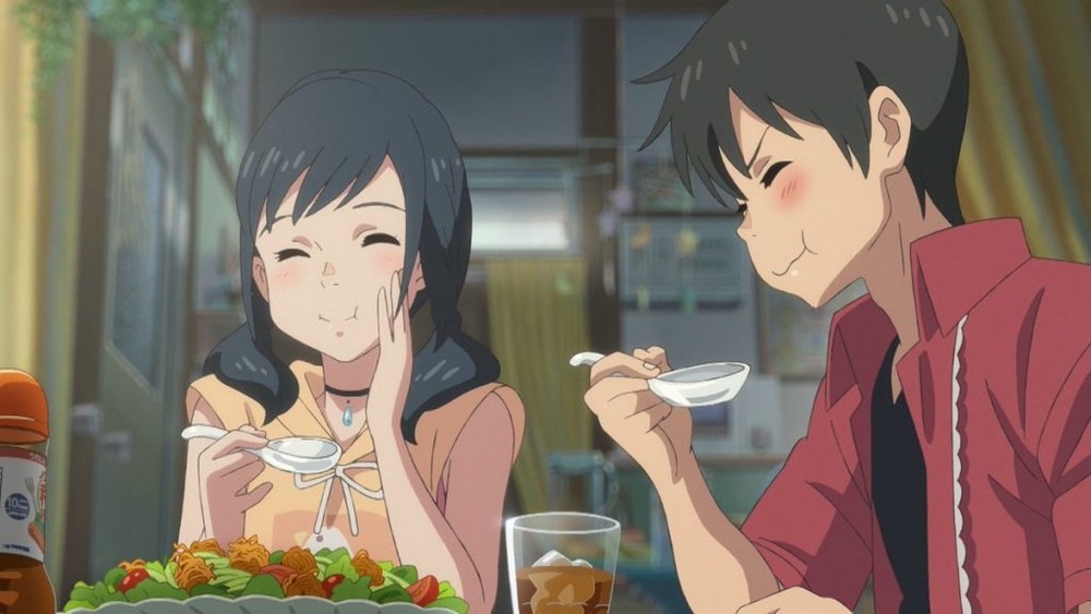 Hina Amano eating with Hodaka Morishima