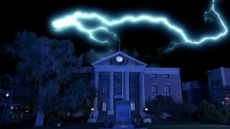 Lightning striking the clock tower