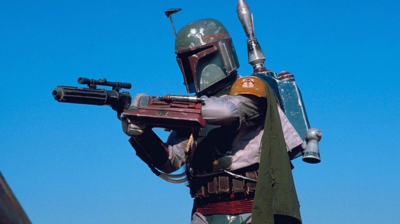 Boba Fett aiming his blaster