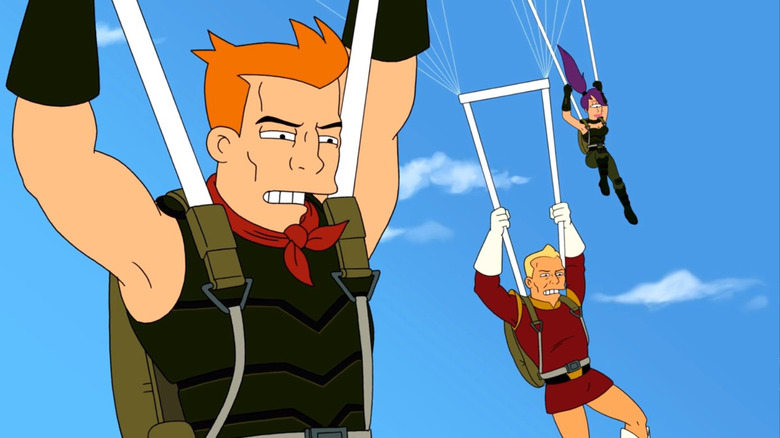 Fry, Zapp, and Leela jumping 