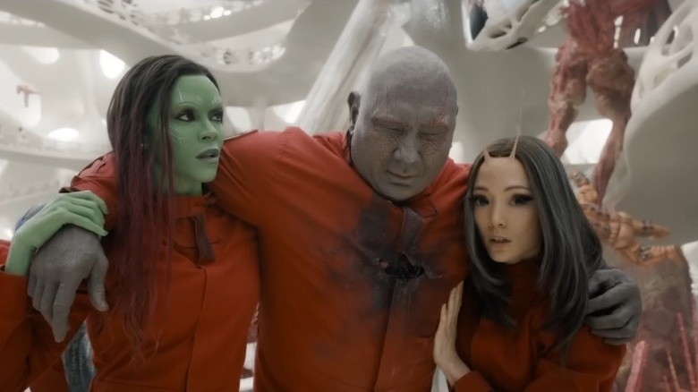 Gamora, Drax, and Mantis in battle