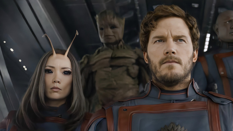 Mantis, Groot, and Peter Quill looking serious