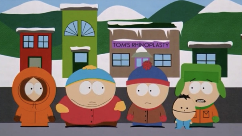 The kids of South Park wait in front of Tom's Rhinoplasty