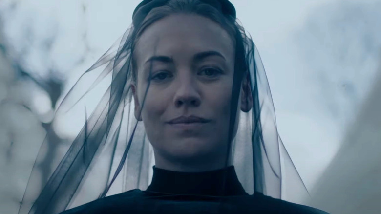 Yvonne Strahovski wears a widow's veil as Serena Waterford on The Handmaid's Tale