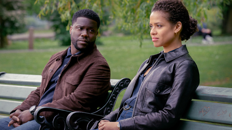 Cyrus and Abby on park benches