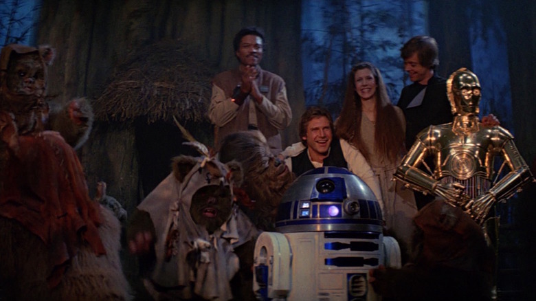 A celebration on Endor from the ending of Return of the Jedi