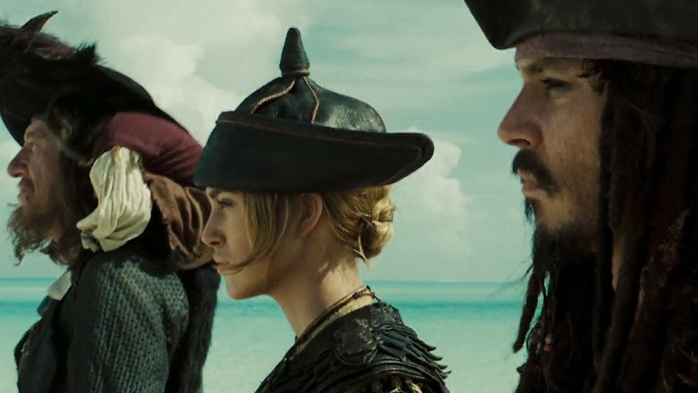 Geoffrey Rush, Keira Knightley, and Johnny Depp in Pirates of the Caribbean: At World's End