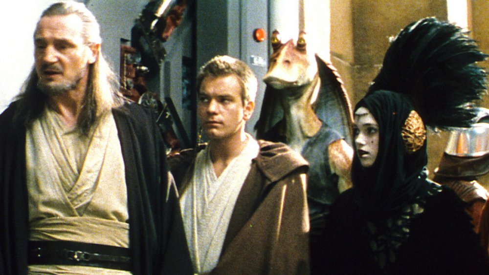 (from left to right) Liam Neeson, Ewan McGregor, Ahmed Best and Kiera Knightley in The Phantom Menace