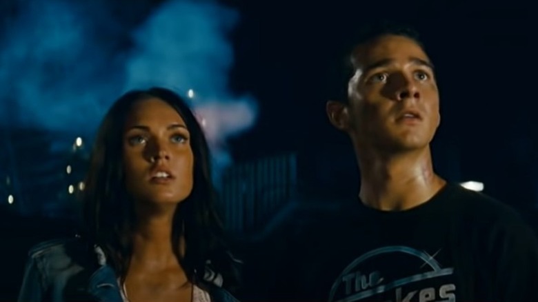 Shia Lebouf and Megan Fox looking up