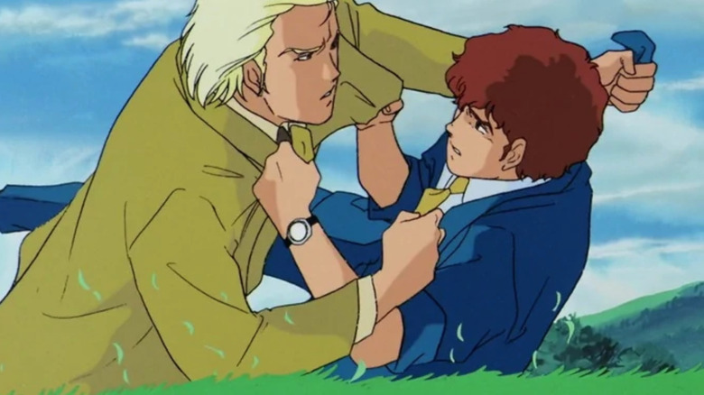 Char and Amuro wrestle on grass