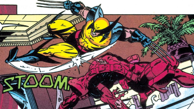 Wolverine kicks Deadpool while in middair