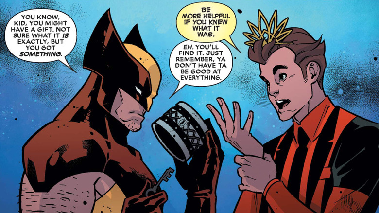 Wolverine talks to Wade Wilson while inspecting a cuff