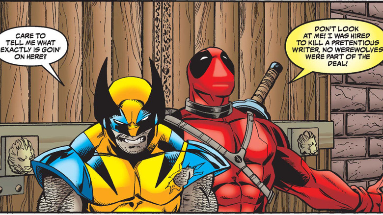 Wolverine and Deadpool lean against twin doors