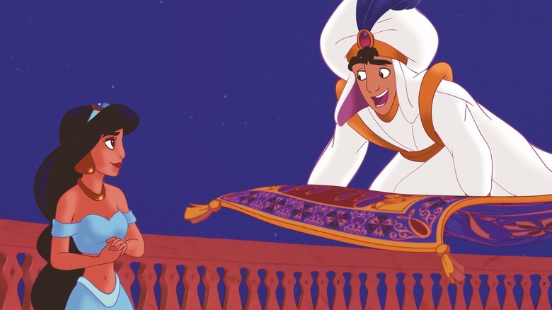 Aladdin riding carpet talking to Jasmine