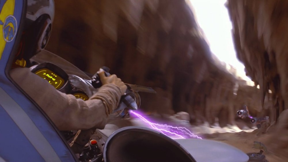 Anakin Skywalker races through Beggar's Canyon in pursuit of Sebulba in the Boonta Eve Classic