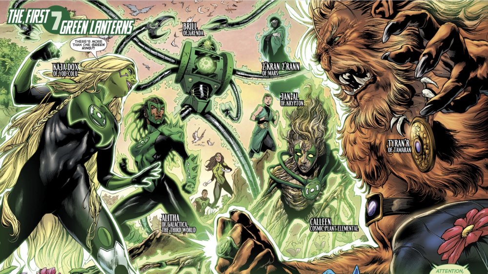 The first seven Green Lanterns from 10 billion years ago gather in Green Lantern #28