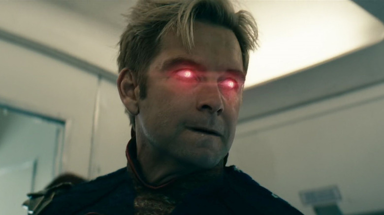 Homelander with glowing red eyes in The Boys