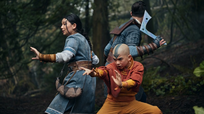 Katara, Aang, and Sokka fighting