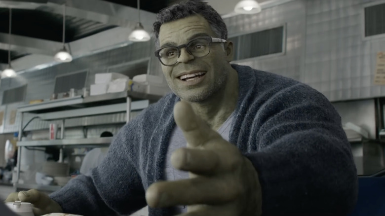 Hulk wearing glasses and sweater