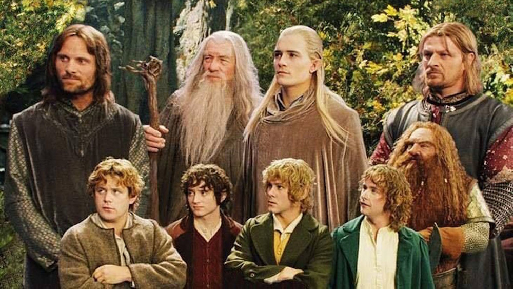 Viggo Mortensen as Aragorn, Sean Astin as Samwise Gamegee, Ian McKellan as Gandalf, Elijah Wood as Frodo Baggins, Dominic Monaghan as Meriadoc Brandybuck, Orlando Bloom as Legolas, Billy Boyd as Pippin Took, John Rhys-Davies as Gimli, and Sean Bean as Boromir in The Lord of the Rings: The Fellowship of the Ring