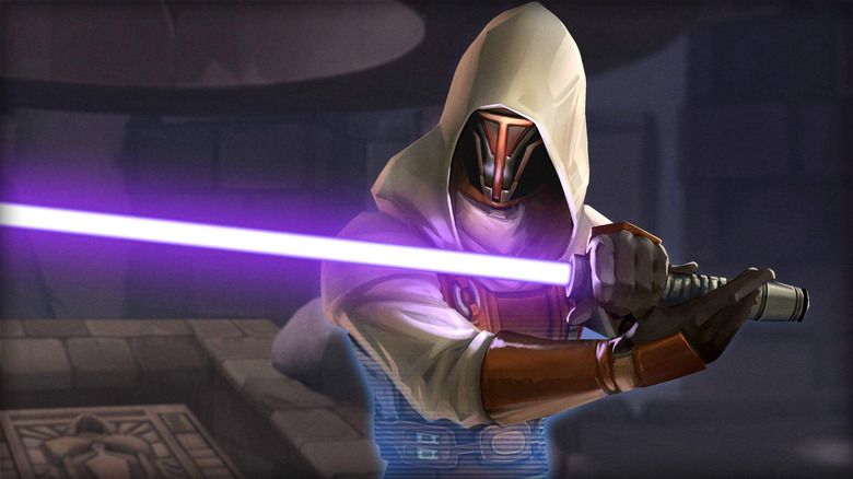 Revan brandishes his lightsaber