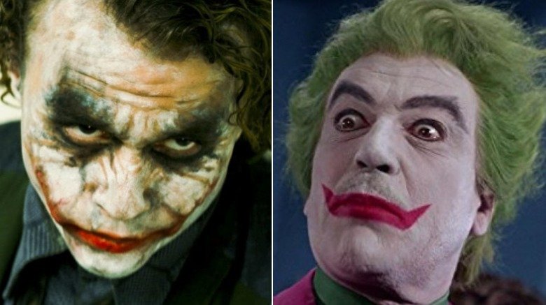 Split image of Heath Ledger and Cesar Romero, both playing The Joker