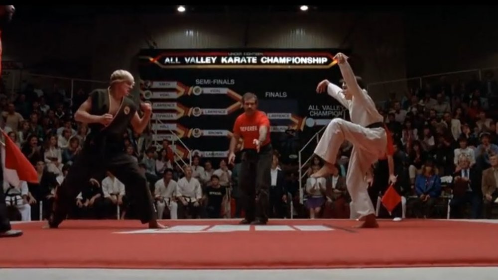 Daniel LaRusso prepares his famous crane kick at the end of The Karate Kid