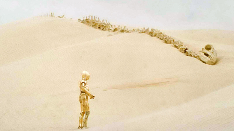 C-3PO and the fossil of a krayt dragon in Star Wars: A New Hope