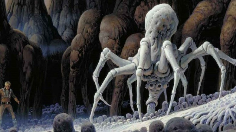 Concept art of a knobby white spider