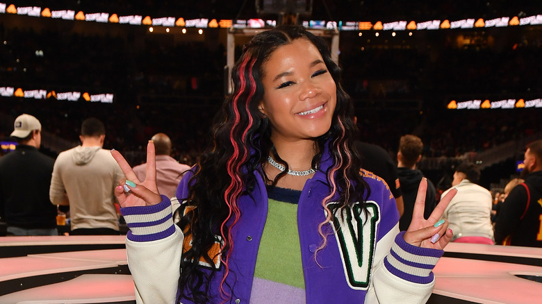 Storm Reid attends the game between Charolette Hornets and the Atlanta Hawks at State Farm Arena
