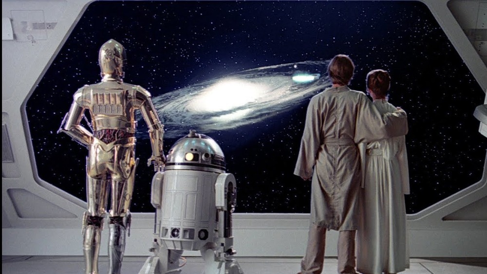 C-3PO, R2-D2, Luke and Leia