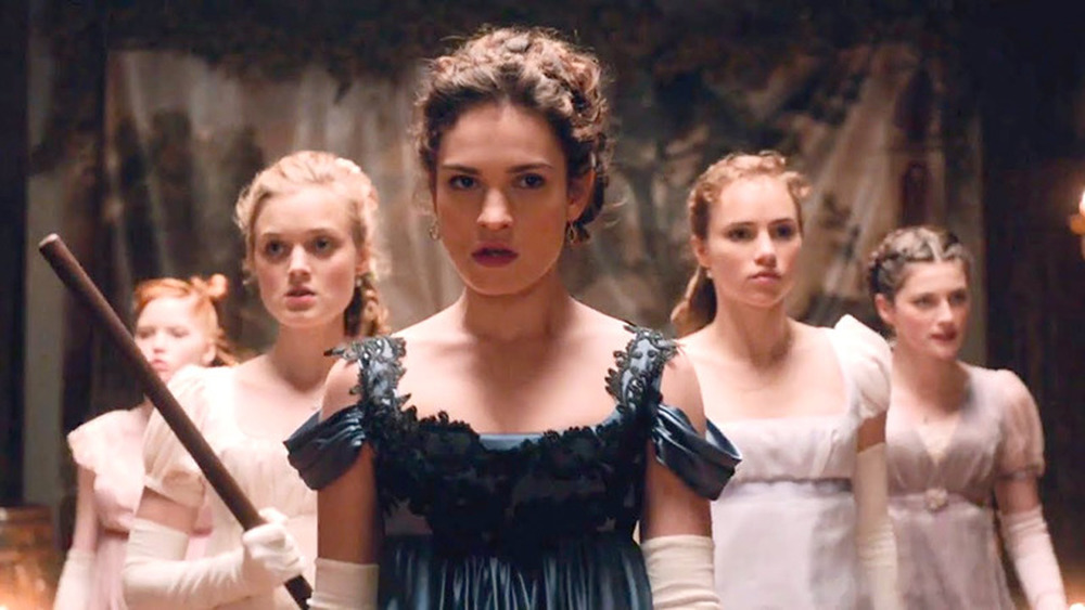 Elizabeth and her sisters preparing to fight in a scene from Pride and Prejudice and Zombies