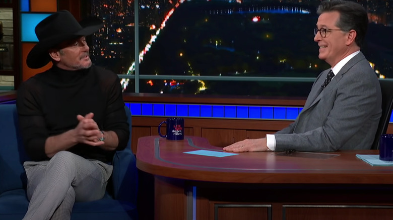 Tim McGraw and Stephen Colbert talking
