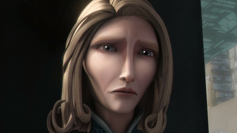 Satine looks sadly at Obi-Wan