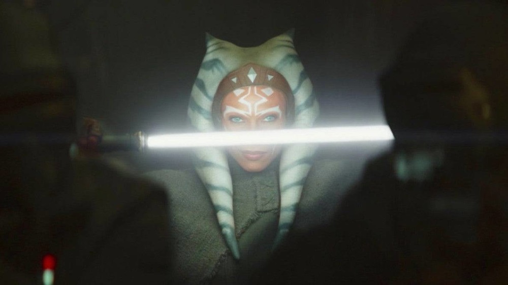 Ahsoka Tano (played by Rosario Dawson) with a white lightsaber in The Mandalorian