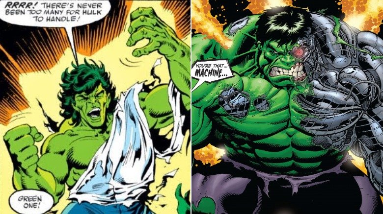 Split image of the Rick Jones Hulk and the Cosmic robot Hulk