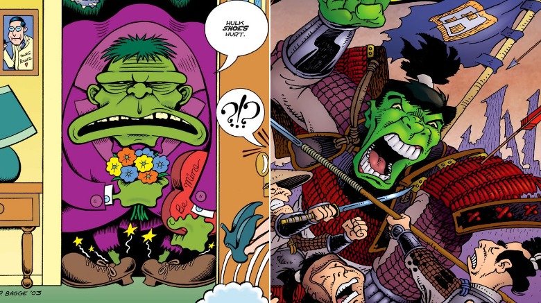 Split image of Peter Bagge's Incorrigible Hulk and Stan Sakai's samurai Hulk