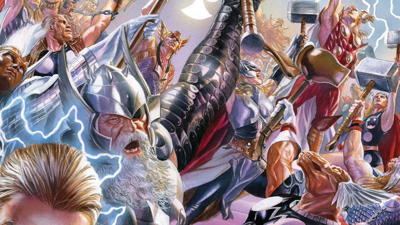 Multiple alternate reality Thors from the cover of 2015's Secret Wars #2