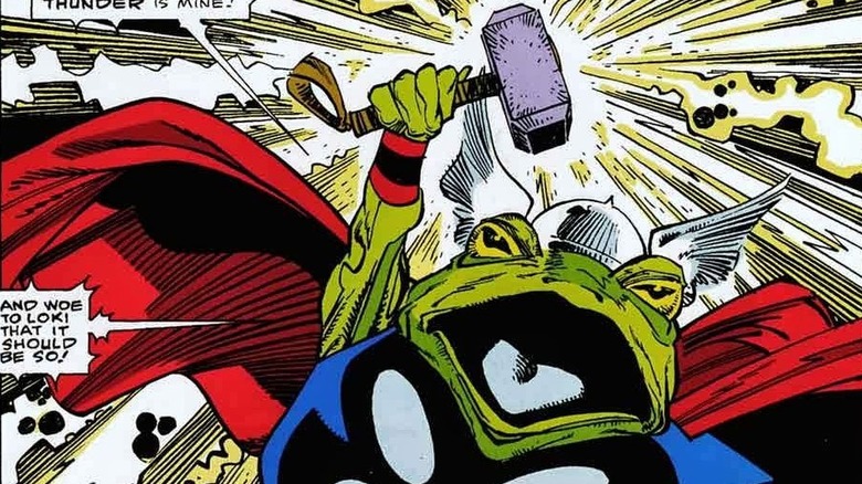 Throg, the Frog Thor, wields a small Mjolnir