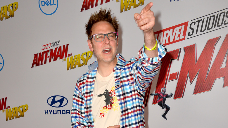 James Gunn pointing at premiere event