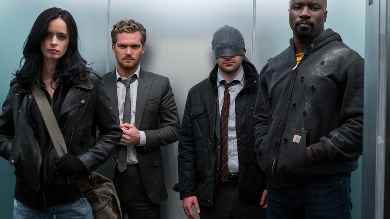 The Defenders in an elevator