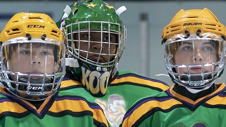 Nick Ganz, Jaden Koobler, and Evan Morrow in Mighty Ducks uniforms