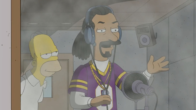 Snoop Dogg in a smoky studio with Homer Simpson