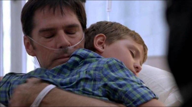 Thomas Gibson and Cade Owens hug on Criminal Minds