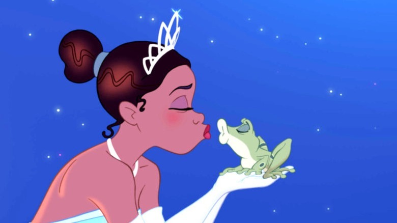 Tiana and frog kiss