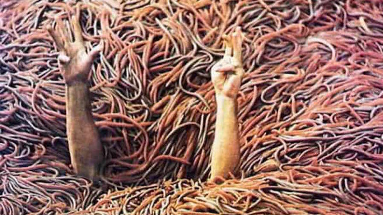 A person sinks into a pile of worms