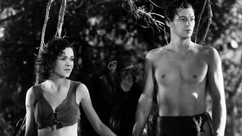 Maureen O'Sullivan wearing simple bra beside Tarzan actor