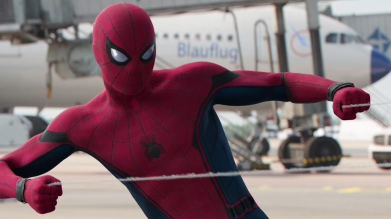 Spider-Man pulls on webs during the airport fight in Captain America: Civil War